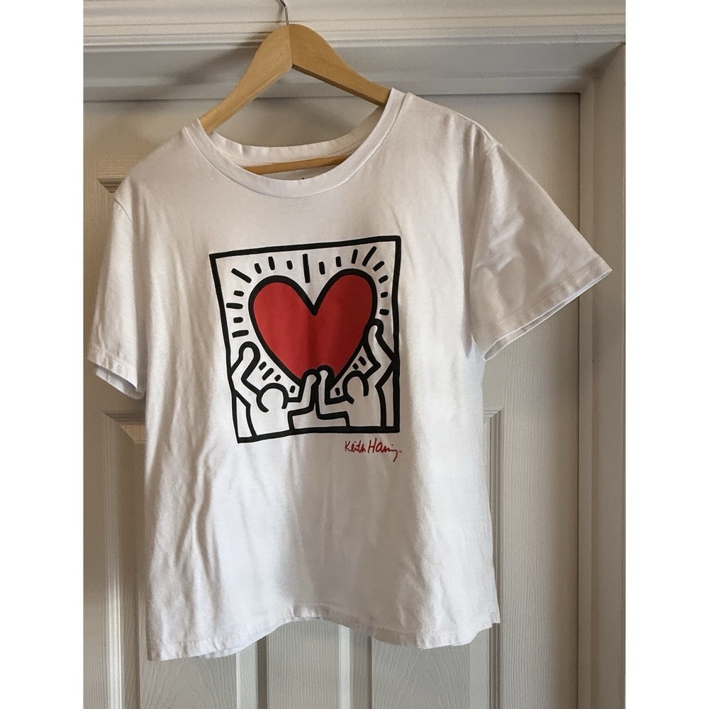 Keith Haring Graphic T-Shirt Men Large White Heart Art Short Sleeve Crewneck Tee